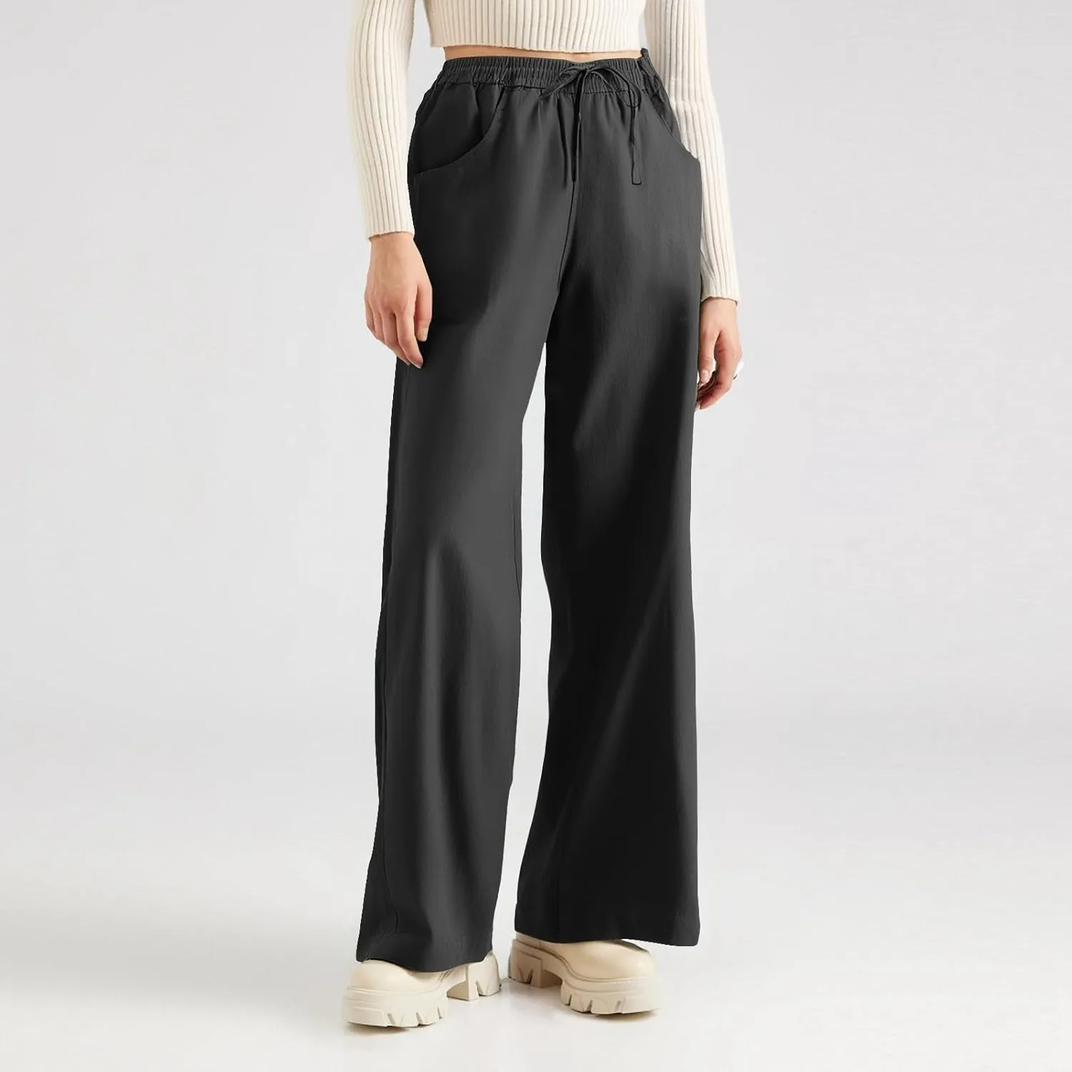 Womens Sweatpants Wide Leg Linen Pants Summer Drastring Adjustable Palazzo Pants Lounge Pants with Pockets