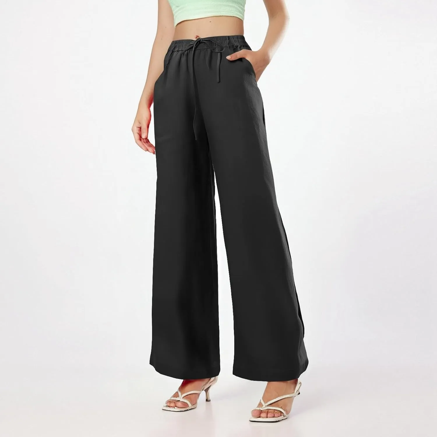 Womens Sweatpants Wide Leg Linen Pants Summer Drastring Adjustable Palazzo Pants Lounge Pants with Pockets