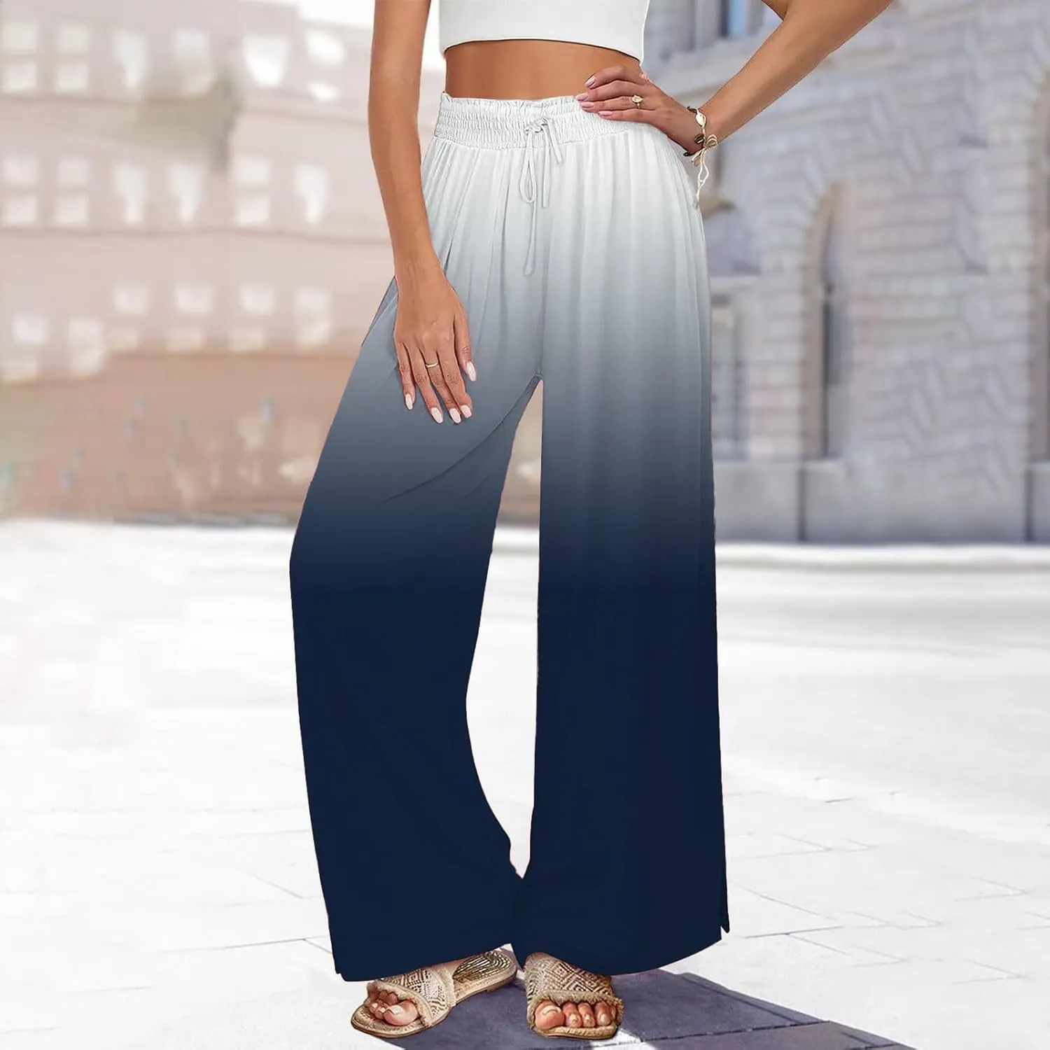 Womens Tie-dye Print Wide Leg Palazzo Pants Drawstring Elastic High Waist Pant Lounge Flowy Summer Beach Trousers