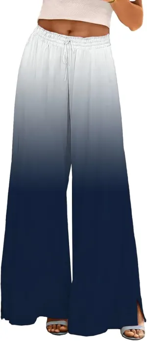 Womens Tie-dye Print Wide Leg Palazzo Pants Drawstring Elastic High Waist Pant Lounge Flowy Summer Beach Trousers