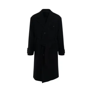 Black Wool Long Coat with Belt Detail