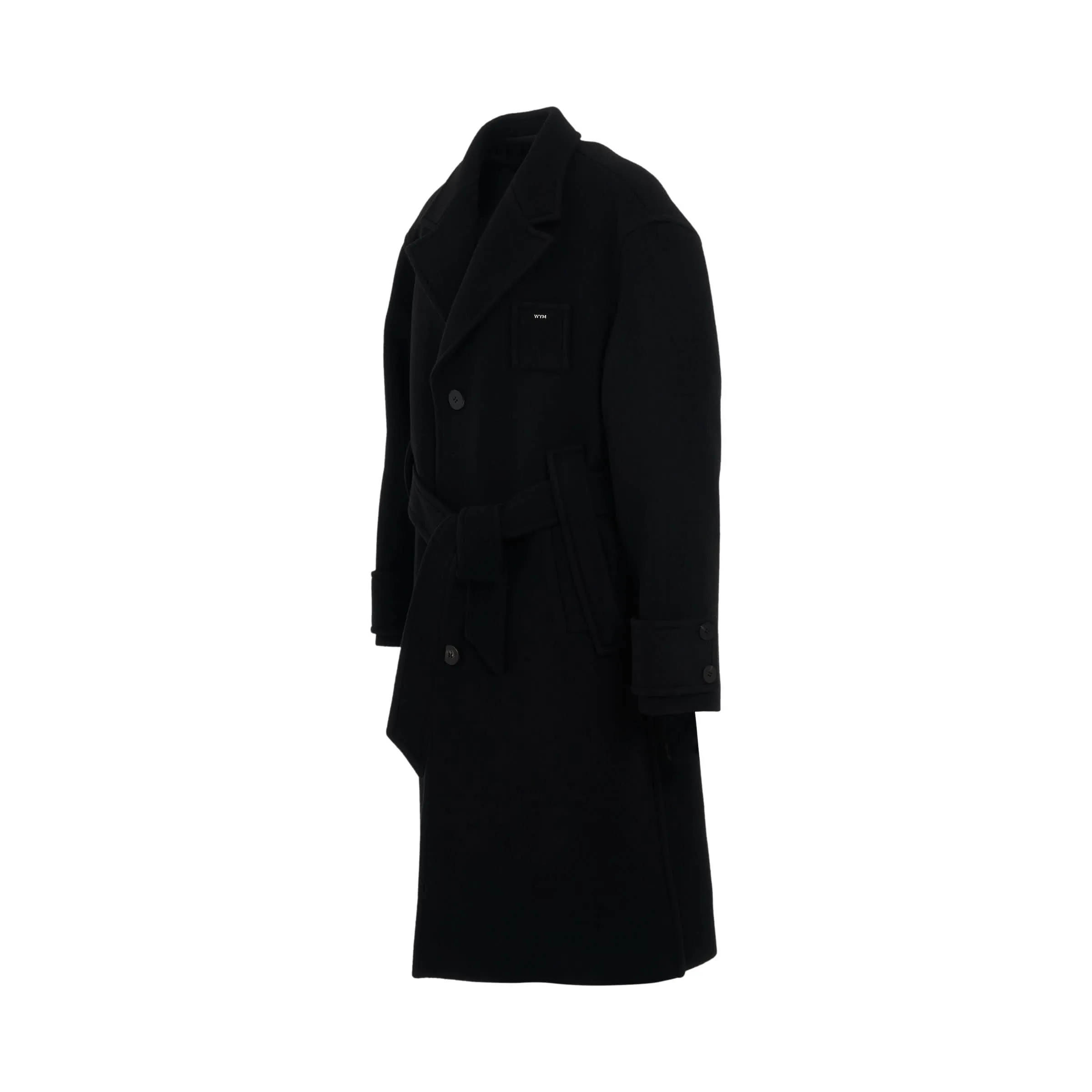 Black Wool Long Coat with Belt Detail