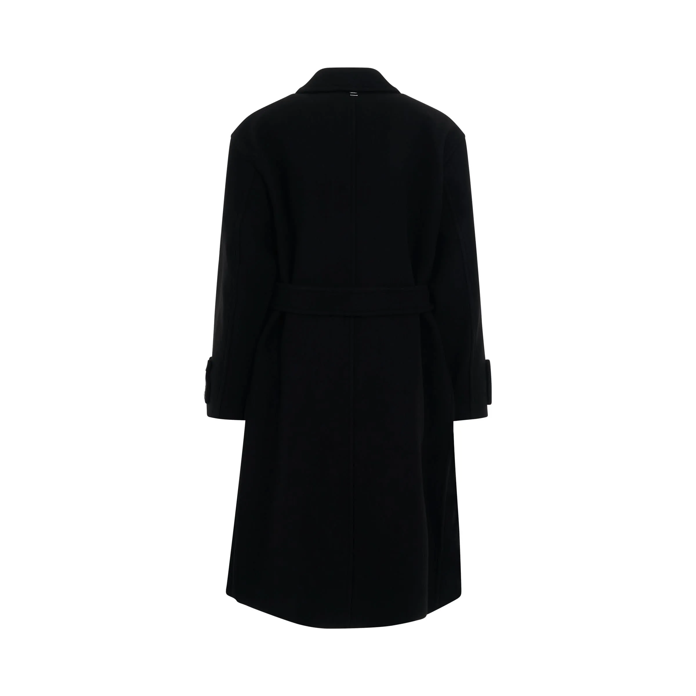 Black Wool Long Coat with Belt Detail