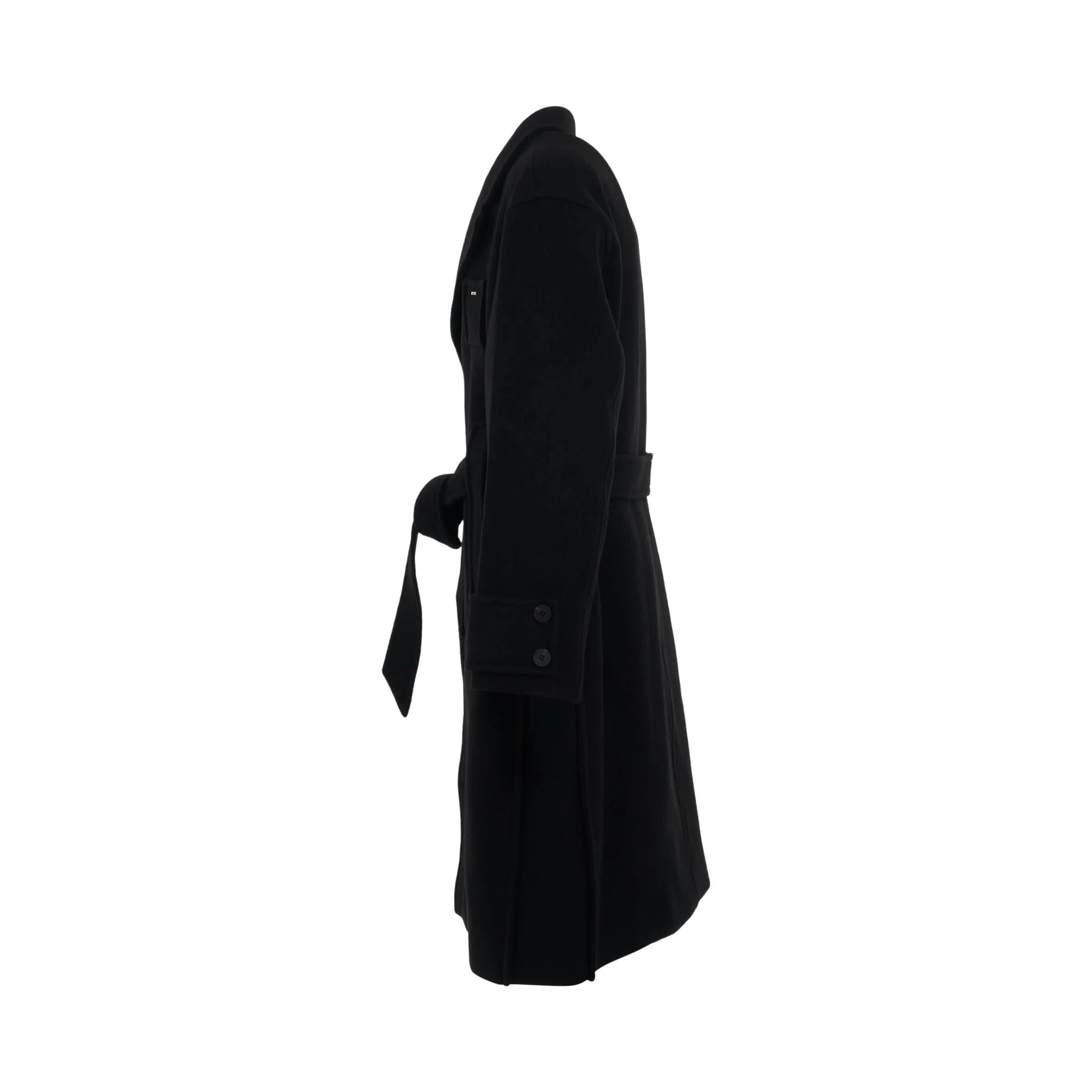 Black Wool Long Coat with Belt Detail