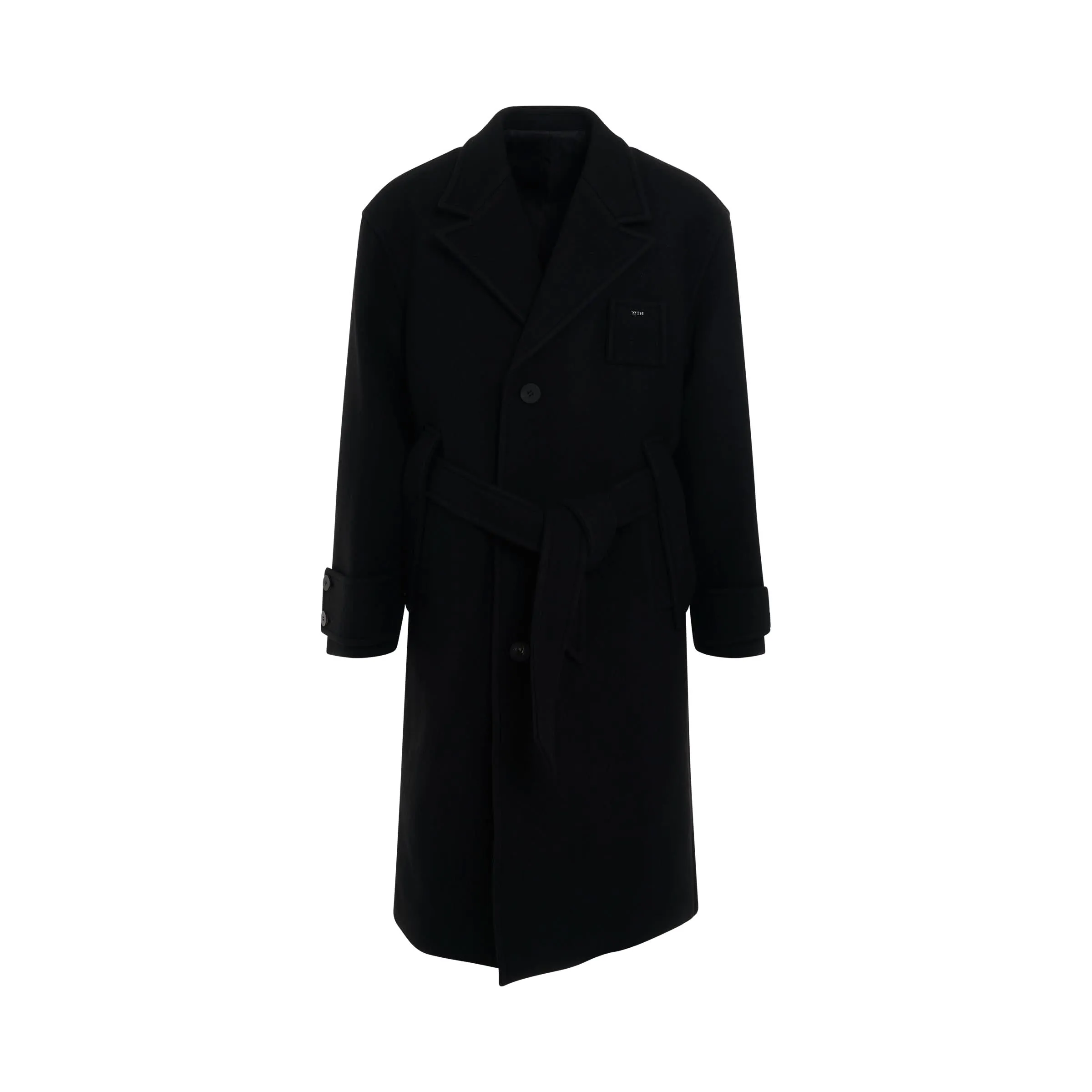 Black Wool Long Coat with Belt Detail