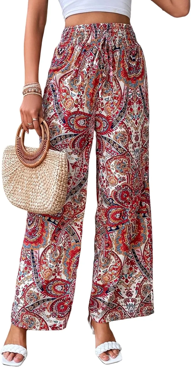 Yeokou Women Boho Printed Pants Drawstring High Waist Casual Wide Leg Trousers Loose Vacation Lounge Pants