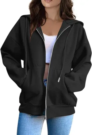 Zip Up Hoodies for Women Fashion Solid Color Outdoor Casual Sports Loose Comfortable Long Sleeve Hooded Jacket